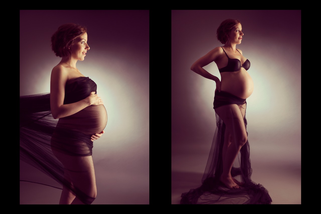 Studioaufnahme einer schwangeren Frau in Dessous – Babybauchshooting